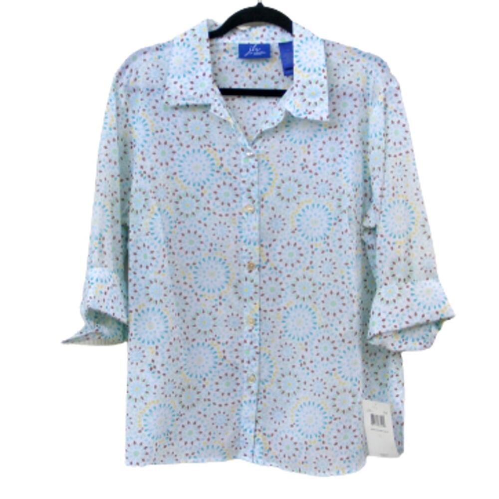 JH Collectibles Button Up Blouse Womens 1X Multicolor 100% Cotton 3/4 Sleeves